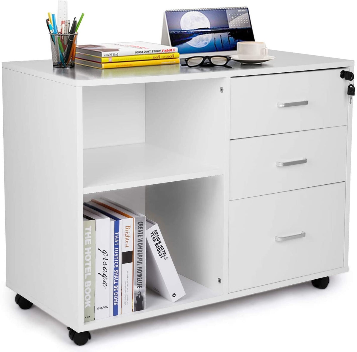 Richya Wood File Cabinet , Printer Stand with Open Storage Shelf, 3-Drawer  File Cabinet, Home Office White