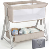 Cowiewie Baby Bassinet, Portable Bedside Bassinet with Wheels, Storage & Travel Bag, for 0-6 Months, Brown