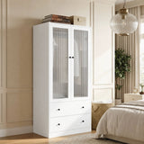 Richya Armoire Wardrobe Closet with 2 Drawers,Clothes Storage Cabinet with Hanging Rod,Closet Organizer for Bedroom,White(A)