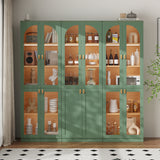 RichYa 71"H Tall Kitchen Pantry Cabinet with LED Light,4 Glass Doors Curio Cabinet,5 Tier Display Cabinets for Dining Living Room,Green(A)