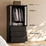 RichYa 3Pcs Armoire Wardrobe Closet with Hanging Rod,Clothes Storage Cabinet with Fluted Glass,Large Closet Organizer for Bedroom,White(ABB)