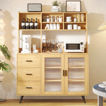 RichYa 59.6"H Kitchen Pantry Cabinet with Countertop & Tapered Legs,Freestanding Hutch Storage Cabinet with Glass Door & Adjustable Shelves for Dining Room,Light Wood