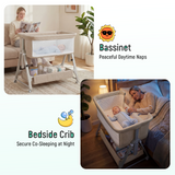 Cowiewie Baby Bassinet, Portable Bedside Bassinet with Wheels, Storage & Travel Bag, for 0-6 Months, Brown