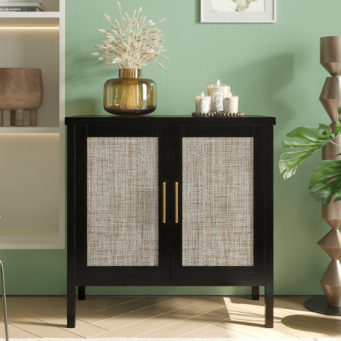 31.5'' Rattan Storage Cabinet for Hallway Living Room Buffet Cabinet Sideboard Cupboard Black