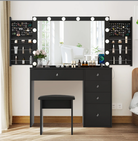 Vanity Desk Modern Makeup Table with Large LED Mirror and Power Outlet 2 Slidding Storage Black