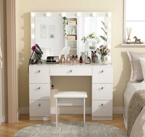 Modern Vanity with Lighting Mirror, Makeup Vanity Desk with Power Outlet and LED Bulbs Marble