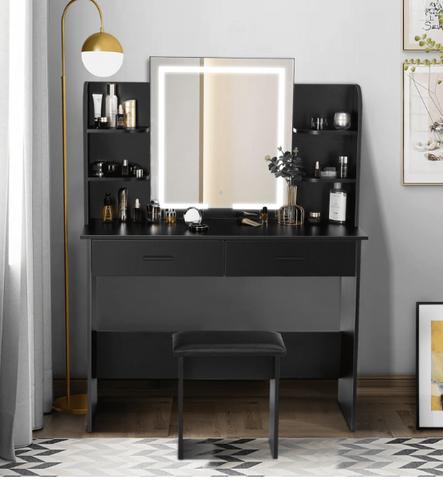 Modern Makeup Vanity Table Set with Lighted Mirror Adjustable Brightness Black