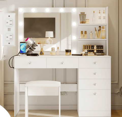 Modern Makeup Vanity with 3 Color Lighted Mirror &Power Strip, 6 Drawers,Bedroom,White