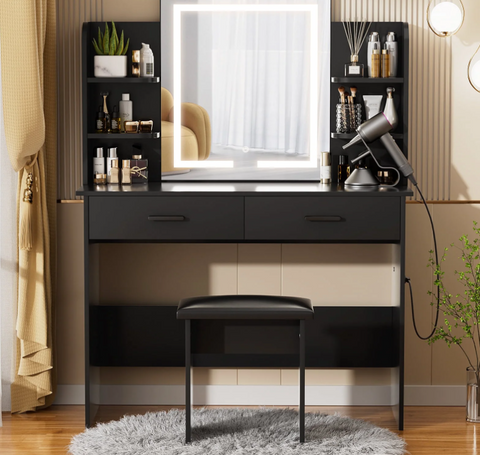 Modern Makeup Vanity Desk with 3 Color Lighted Mirror Power Outlet, 6 Storage Shelves, 2 Large Drawers and Cushioned Stool, Black