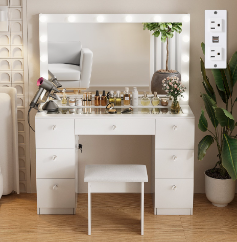 Modern Makeup Vanity Desk with Lighted Mirror and Sturdy Stool,Makeup Table Sets with Drawers and Glass Desktop,White