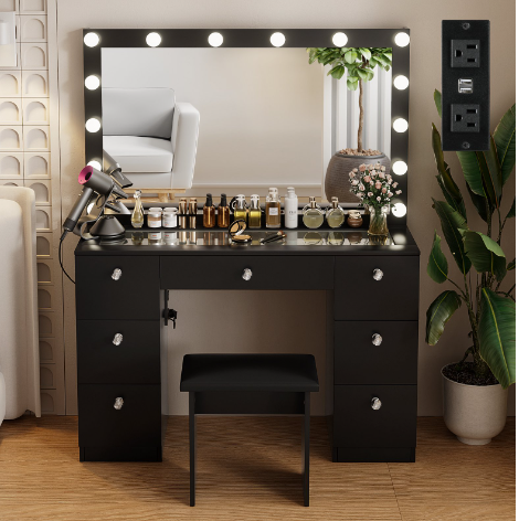 Modern Makeup Vanity Desk with Lighted Mirror and Sturdy Stool,Makeup Table Sets with Drawers and Glass Desktop,Black