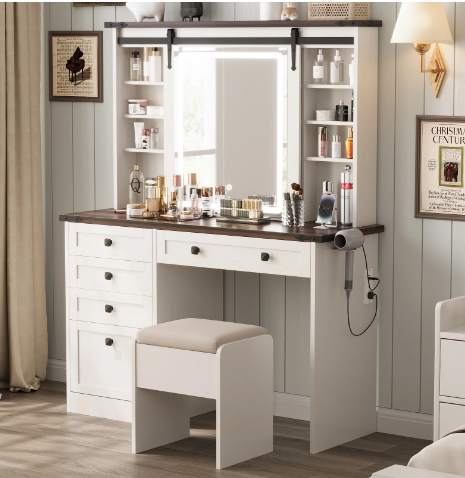 White Farmhouse Vanity Desk Set with Sliding Mirror & Lights, Makeup Vanity Table with 5 Drawers and Shelves, Large Vanity Set with Storage Stool and Brown Desktop