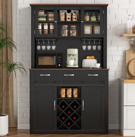 Modern Tall Kitchen Pantry Storage Cabinet with Doors and Drawers, Kitchen Hutch,Food Pantry Cabinet,Coffee Wine Bar Cabinet,Black