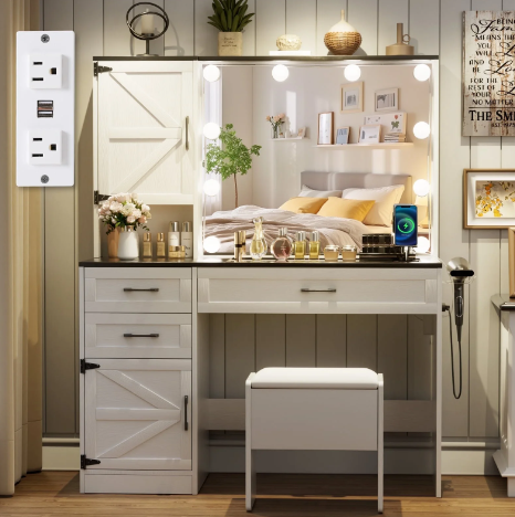 Farmhouse Makeup Vanity Table Set with Lighted Mirror & Drawers and Black Desktop for Bedroom