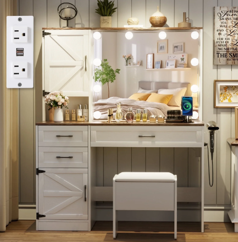 Farmhouse Makeup Vanity Table Set with Lighted Mirror&Drawers and Brown Desktop for Bedroom