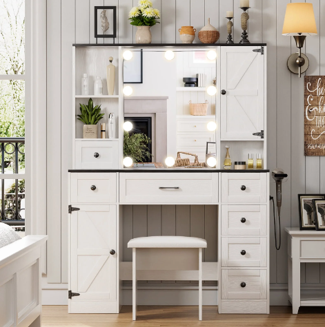 Farmhouse Makeup Vanity Table Set with Lighted Mirror & Drawers and Black Desktop for Bedroom