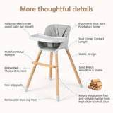 Cowiewie Wooden High Chair, 3-in-1 Baby High Chair, Low Chair and Toddler Chair, with Adjustable Legs & Dishwasher Safe Tray, Gray