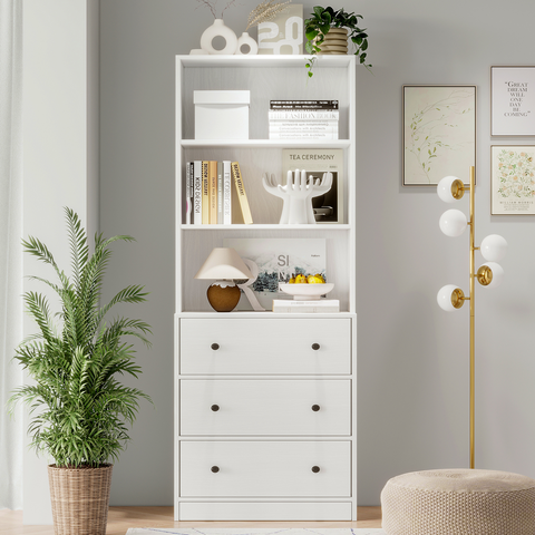 RichYa 71'' Tall Bookshelf with 3 Drawers,3 Tier Display Bookcase with Adjustable Shelves for Home Office,Living Room,White