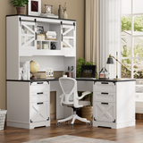 RichYa 57" Farmhouse L Shaped Desk with Hutch, Executive Desk with Charging Station, Home Office Desk with Sliding Doors and File Cabinet, Wood Corner Desk for Home Office, White