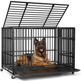 RichYa 48 inch Heavy Duty Indestructible Dog Crate, Escape-Proof Dog Crate Cage Kennel with 4 Lockable Wheels, High Anxiety Dog Crate with Double Door and Removable Tray Design, for Large Dogs