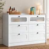 RichYa 6 Drawer Double Dresser,46"W White Chest of Drawer with Fluted Glass,Storage Cabinet for Bedroom Living Room