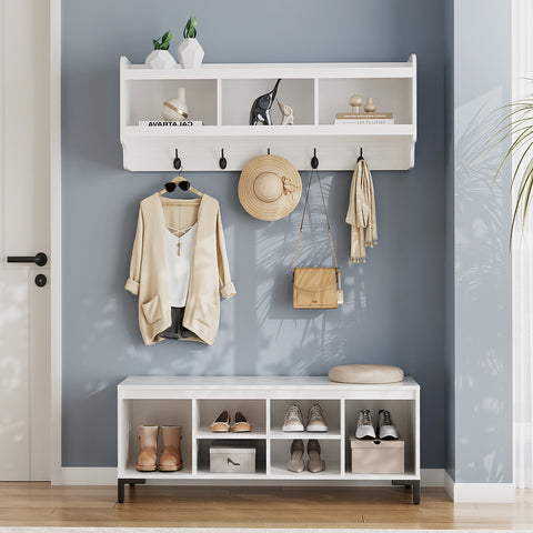 RichYa Mudroom Storage with Bench,Entryway Hall Tree with Shoe Storage & Coat Rack,Mudroom Furniture for Hallway,White