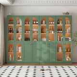 RichYa 71"H Tall Kitchen Pantry Cabinet with LED Light,4 Glass Doors Curio Cabinet,5 Tier Display Cabinets for Dining Living Room,Green(A)