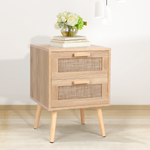 RichYa 2 Pcs Rattan Nightstand, Night Stand with 2 Drawers and Solid Wood Legs, Side Table with Storage for Bedroom, End Table for Kids Room