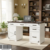 RichYa 55" Farmhouse Executive Desk with Drawers, Home Office Desk with Charging Station for Work Study Writing, White