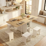 RichYa 63” Folding Dining Table Set for 4, Space Saving Drop Leaf Table with 4 Stools, Foldable Kitchen Table with Storage Shelves and 8 Wheels, for Small Spaces, 63" L×29.5" W×29.5" H, Wood White