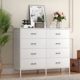 47.2'' Drawer Dresser Chest of 8 Drawers, Storage Dresser Tower for Bedroom, Living Room, Hallway, Nursery, White Storage Cabinet Wooden Dresser with Steel Frame, White