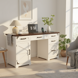 RichYa 55" Farmhouse Executive Desk with Drawers, Home Office Desk with Charging Station for Work Study Writing, White