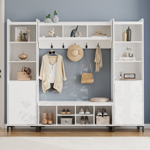 RichYa 71"H Mudroom Storage with Bench,Entryway Hall Tree with Shoe Storage & Coat Rack,Mudroom Furniture for Hallway,White