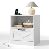 RichYa White Nightstand with Drawer and Charging Station, Farmhouse End Table with Open Shelf and Metal Handle, Side Table for Bedroom