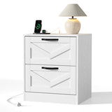RichYa White Nightstand with Drawer and Charging Station, Farmhouse End Table with Open Shelf and Metal Handle, Side Table for Bedroom