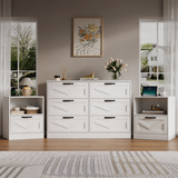 RichYa 3 Piece Bedroom Furniture Set, White 6 Drawer Dresser and Nightstand Set,Modern Dresser and 2 Nightstands with Charging Station