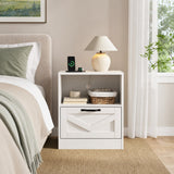 RichYa White Nightstand with Drawer and Charging Station, Farmhouse End Table with Open Shelf and Metal Handle, Side Table for Bedroom
