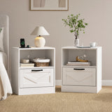 RichYa White Nightstand with Drawer and Charging Station, Farmhouse End Table with Open Shelf and Metal Handle, Side Table for Bedroom