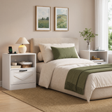 RichYa White Nightstand with Drawer and Charging Station, Farmhouse End Table with Open Shelf and Metal Handle, Side Table for Bedroom