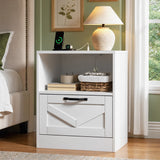 RichYa White Nightstand with Drawer and Charging Station, Farmhouse End Table with Open Shelf and Metal Handle, Side Table for Bedroom