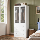 Richya Armoire Wardrobe Closet with 2 Drawers,Clothes Storage Cabinet with Hanging Rod,Closet Organizer for Bedroom,White(A)