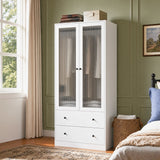 Richya Armoire Wardrobe Closet with 2 Drawers,Clothes Storage Cabinet with Hanging Rod,Closet Organizer for Bedroom,White(A)