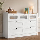RichYa 7 Drawer Double Dresser,46"W White Chest of Drawer with Fluted Glass,Storage Cabinet for Bedroom Living Room