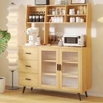 RichYa 59.6"H Kitchen Pantry Cabinet with Countertop & Tapered Legs,Freestanding Hutch Storage Cabinet with Glass Door & Adjustable Shelves for Dining Room,Light Wood
