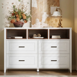 Richya 6 Drawer Dresser for Bedroom,Chest of Drawers with Open Storage Shelf,Modern Dresser for Closet,White + Walnut