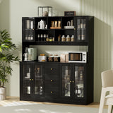RichYa 59.1"W Large Kitchen Pantry Hutch Cabinet, Tall Coffee Bar Storage Cabinet with 6 Glass Doors, 3 Drawers & Microwave Shelf, Freestanding Cupboard with Large Countertop,White