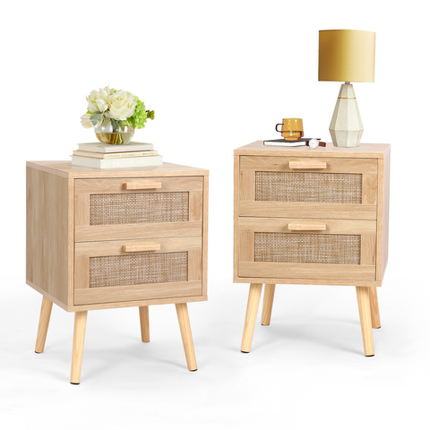 RichYa 2 Pcs Rattan Nightstand, Night Stand with 2 Drawers and Solid Wood Legs, Side Table with Storage for Bedroom, End Table for Kids Room