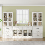 RichYa Kitchen Pantry Cabinet Set of 4,111" W Buffet Sideboard Coffee Bar with Glass Door Hutch,Modular Storage Cabinets with Shelves & Drawers for Dining Room,White
