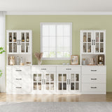 RichYa Kitchen Pantry Cabinet Set of 4,111" W Buffet Sideboard Coffee Bar with Glass Door Hutch,Modular Storage Cabinets with Shelves & Drawers for Dining Room,White
