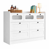 RichYa 7 Drawer Double Dresser,46"W White Chest of Drawer with Fluted Glass,Storage Cabinet for Bedroom Living Room